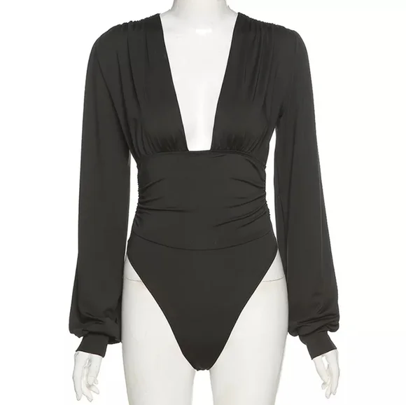 Black Deep V Neck long sleeve Bodysuit - Picture 3 of 14